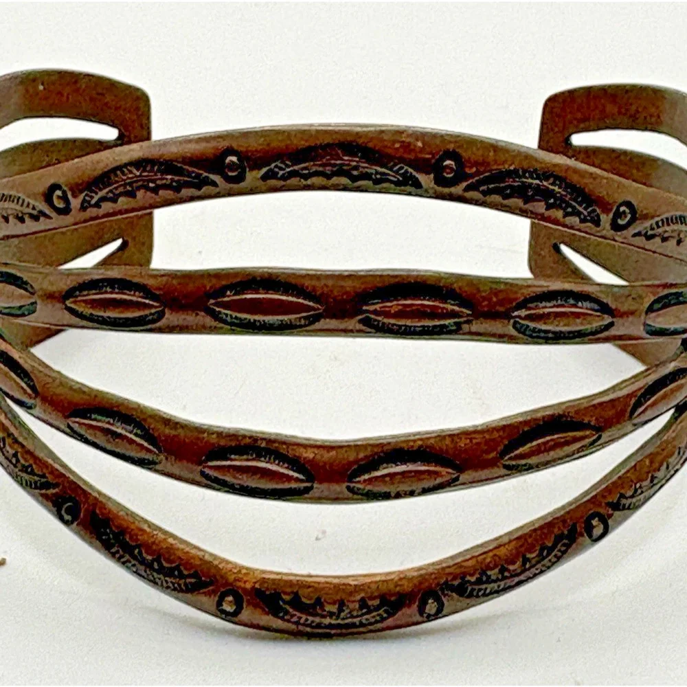 Vintage Copper Southwest Stamped Design Cuff Bracelet Adjustable